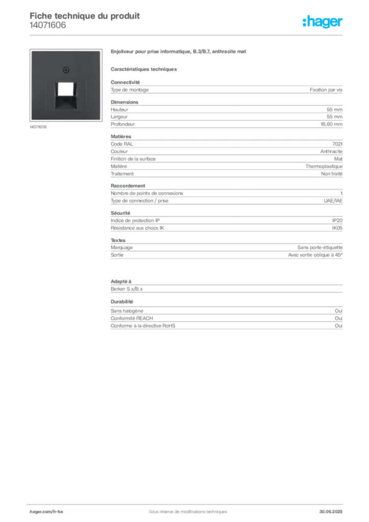 Image Hager Fiche technique du produit 14071606 | Hager Belgique