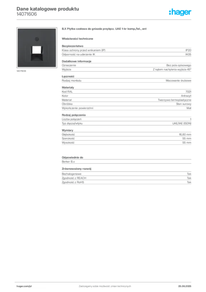 Zdjęcie Hager Karta katalogowa 14071606 | Hager Polska