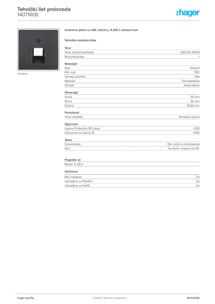Slika Hager Product data sheet 14071606  | Hager