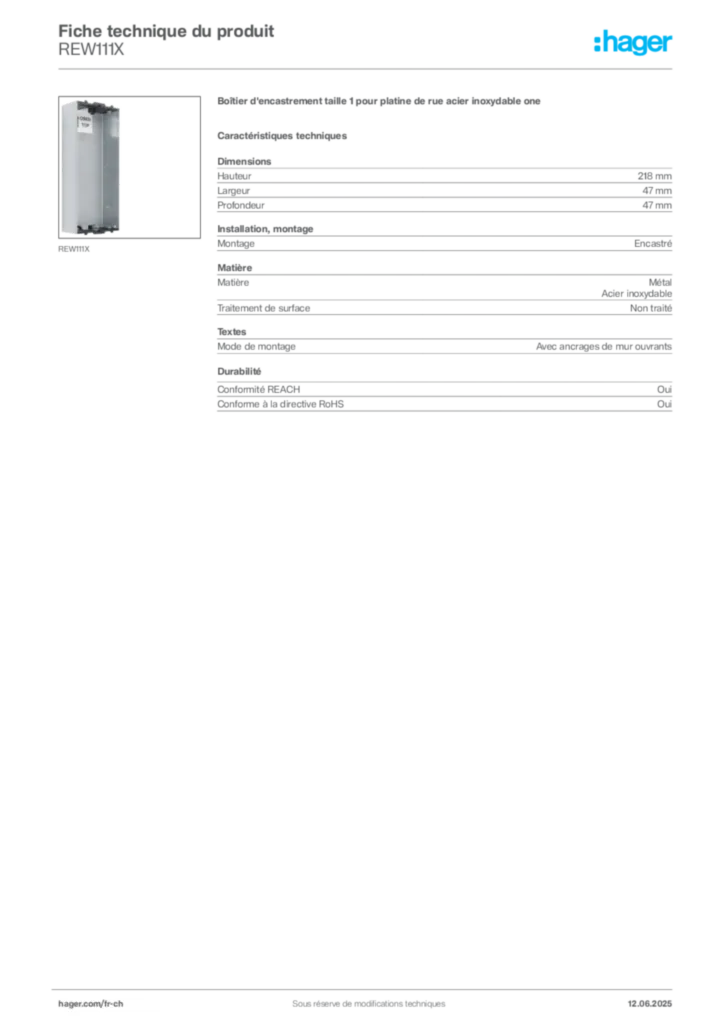 Image Hager Fiche technique du produit REW111X | Hager Suisse