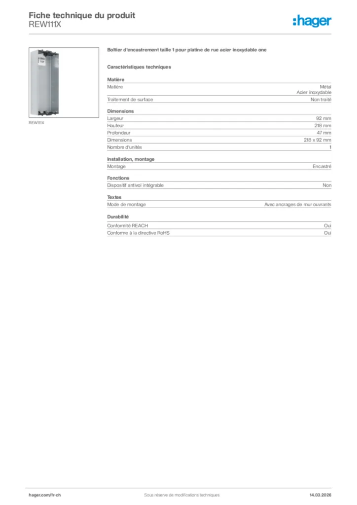 Image Hager Fiche technique du produit REW111X | Hager Suisse