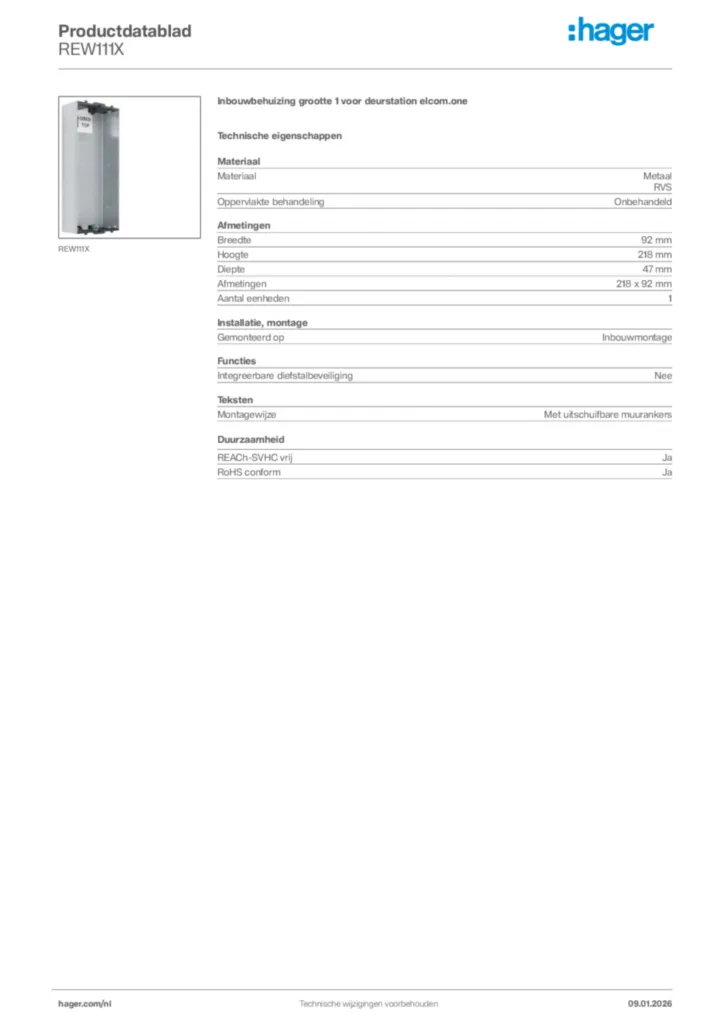 Afbeelding Hager Productdatablad REW111X | Hager Nederland
