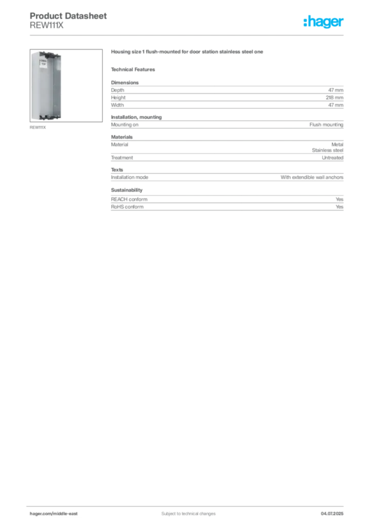 Image Hager Product data sheet REW111X  | Hager