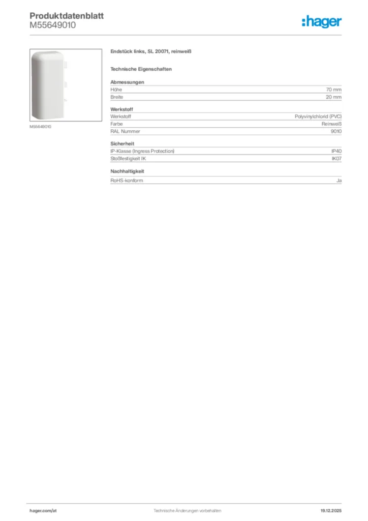 Bild Hager Produktdatenblatt M55649010 | Hager Deutschland