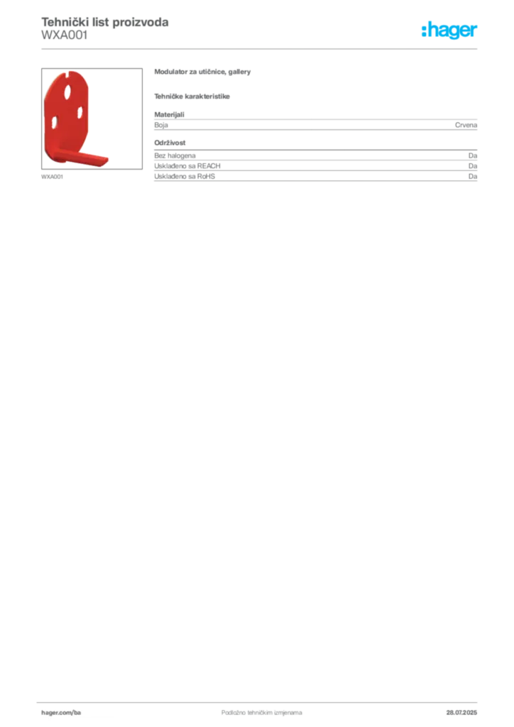Slika Hager Product data sheet WXA001  | Hager