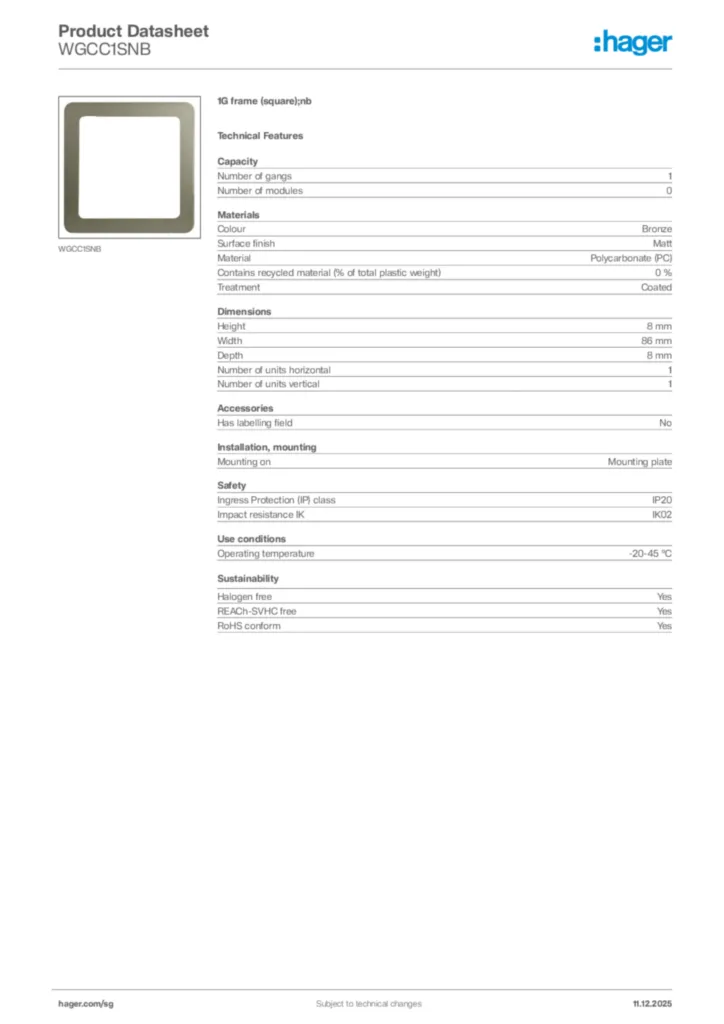 Image Hager Product data sheet WGCC1SNB  | Hager