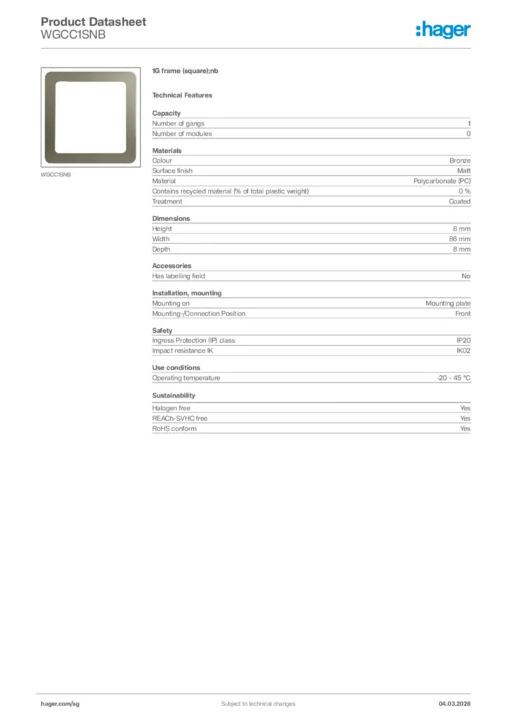 Image Hager Product data sheet WGCC1SNB  | Hager