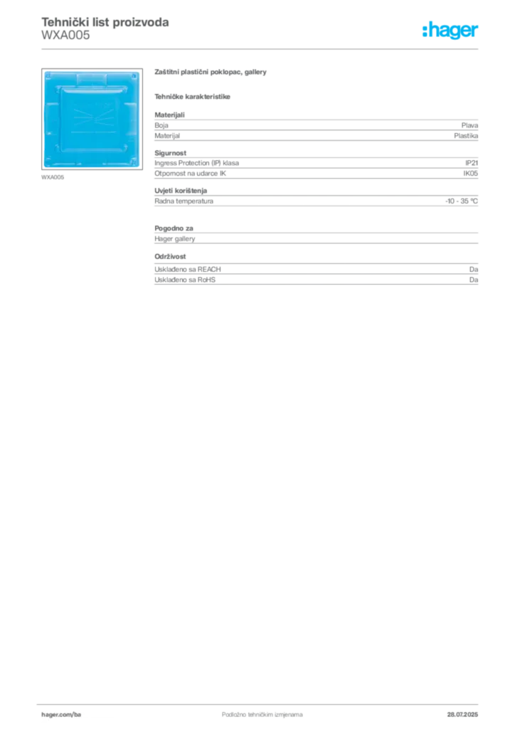 Slika Hager Product data sheet WXA005  | Hager