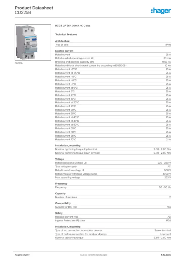Image Hager Product data sheet CD225B  | Hager