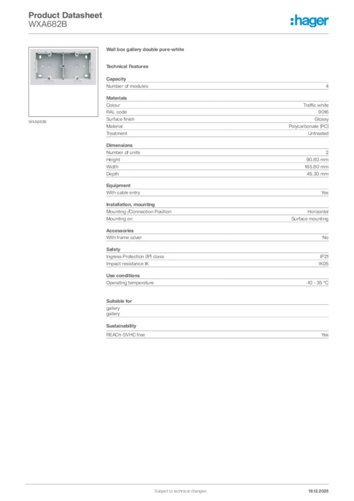 Image Hager Product data sheet WXA682B  | Hager Africa