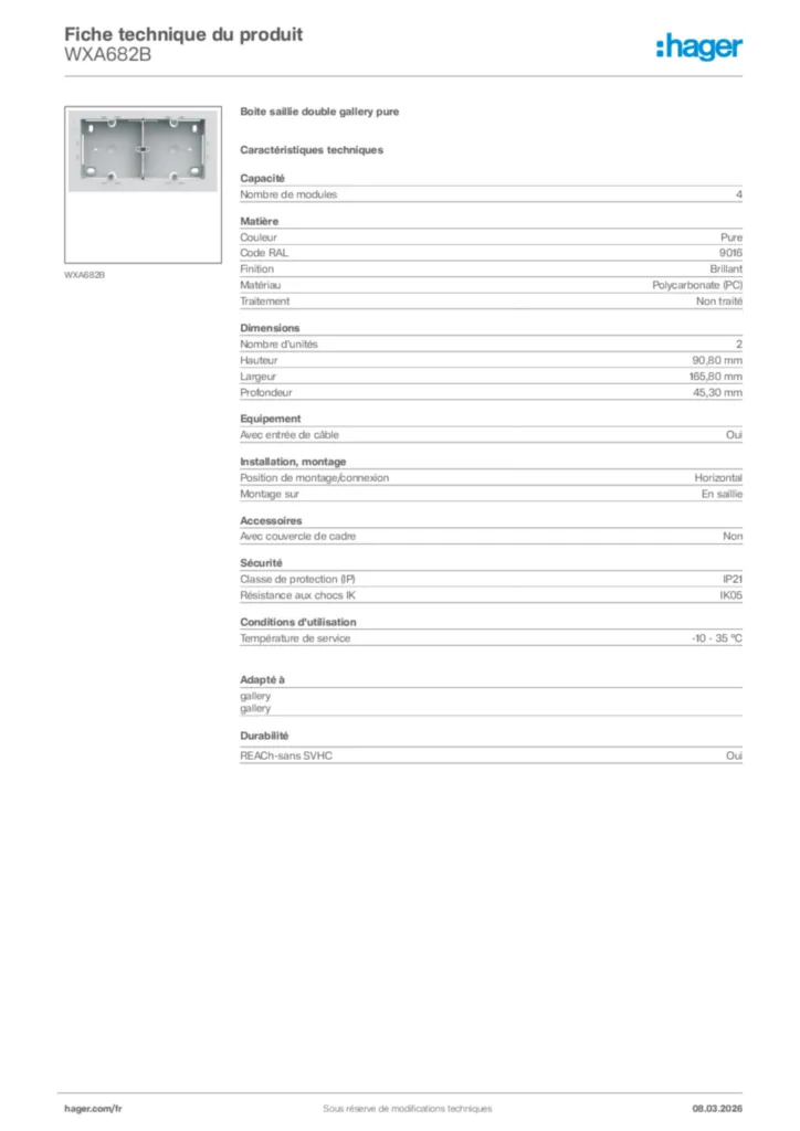 Image Hager Fiche technique du produit WXA682B | Hager France