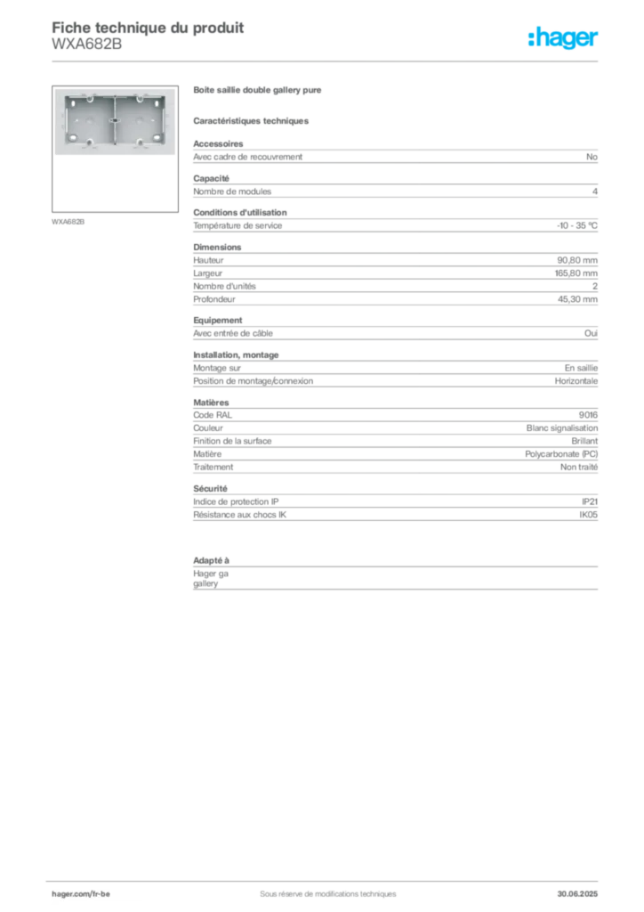 Image Hager Fiche technique du produit WXA682B | Hager Belgique