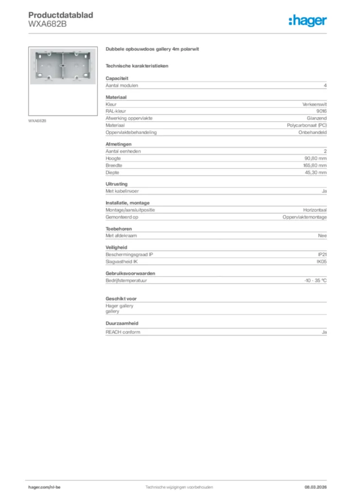Afbeelding Hager Productdatablad WXA682B | Hager Belgium