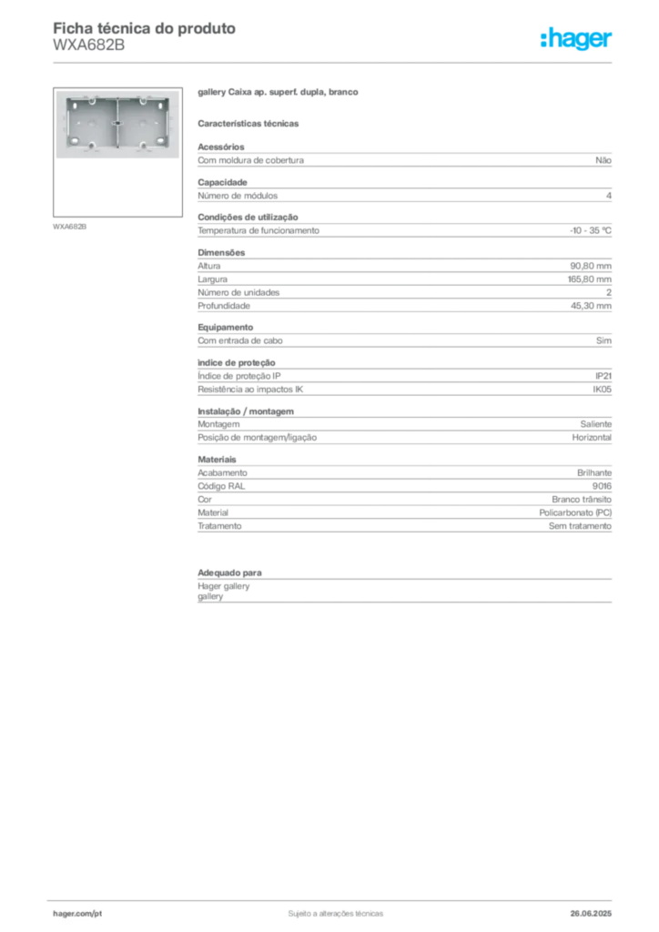 Imagem Hager Ficha técnica do produto WXA682B | Hager Portugal
