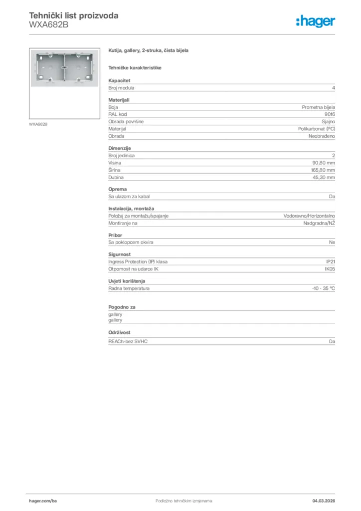 Slika Hager Tehnički list proizvoda WXA682B  | Hager