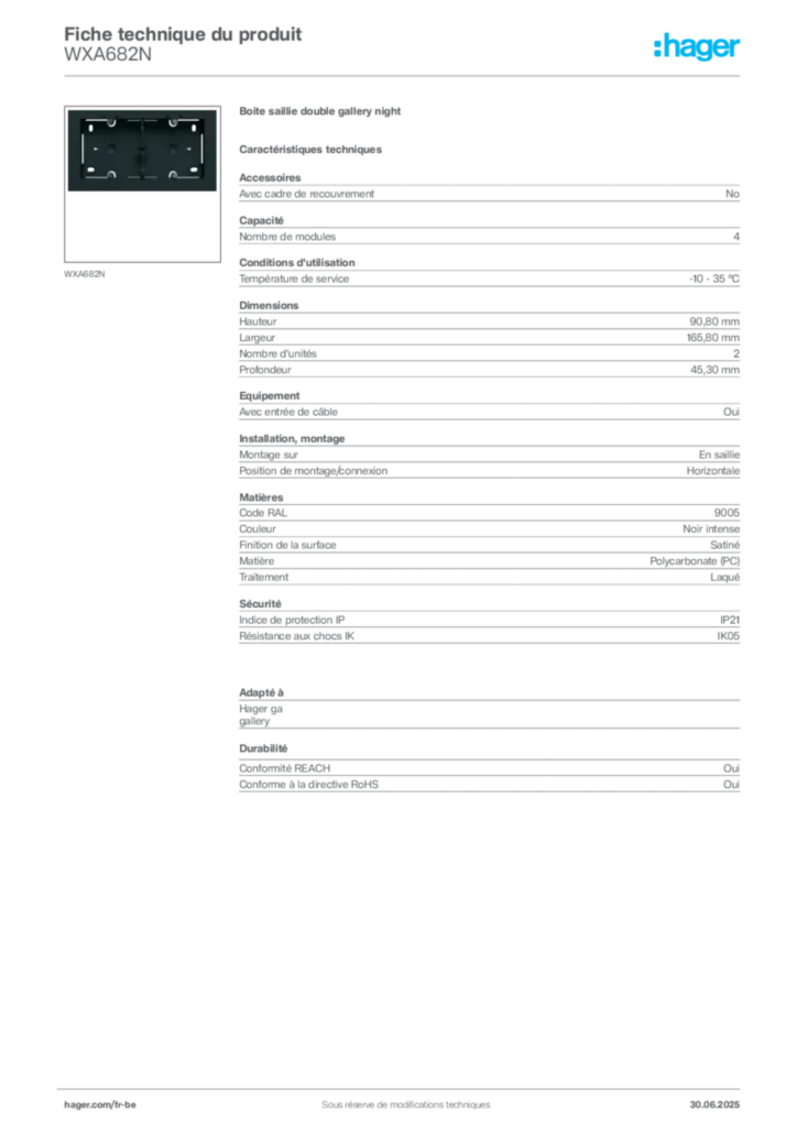 Image Hager Fiche technique du produit WXA682N | Hager Belgique