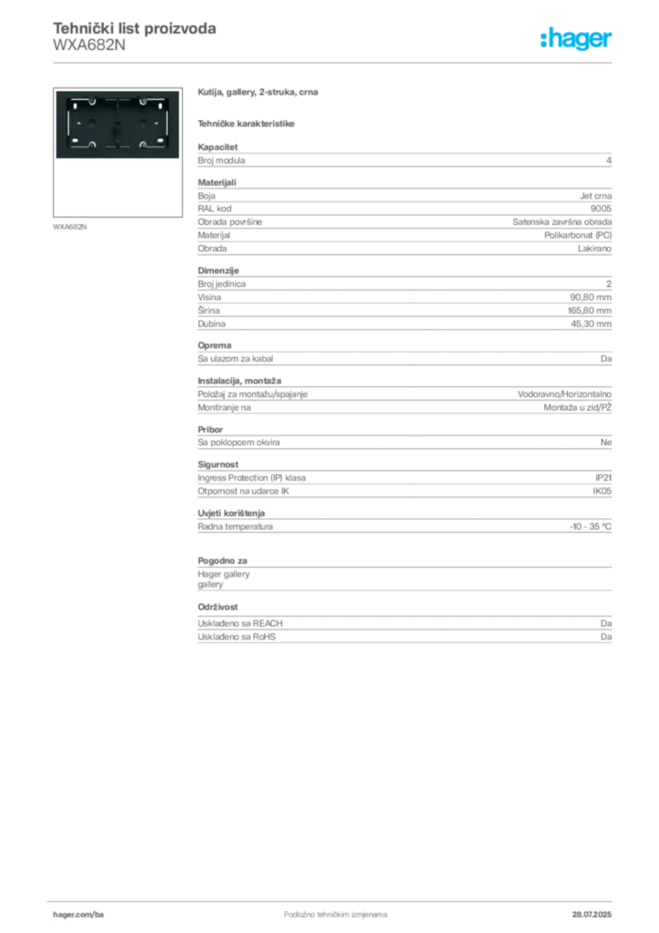 Slika Hager Product data sheet WXA682N  | Hager