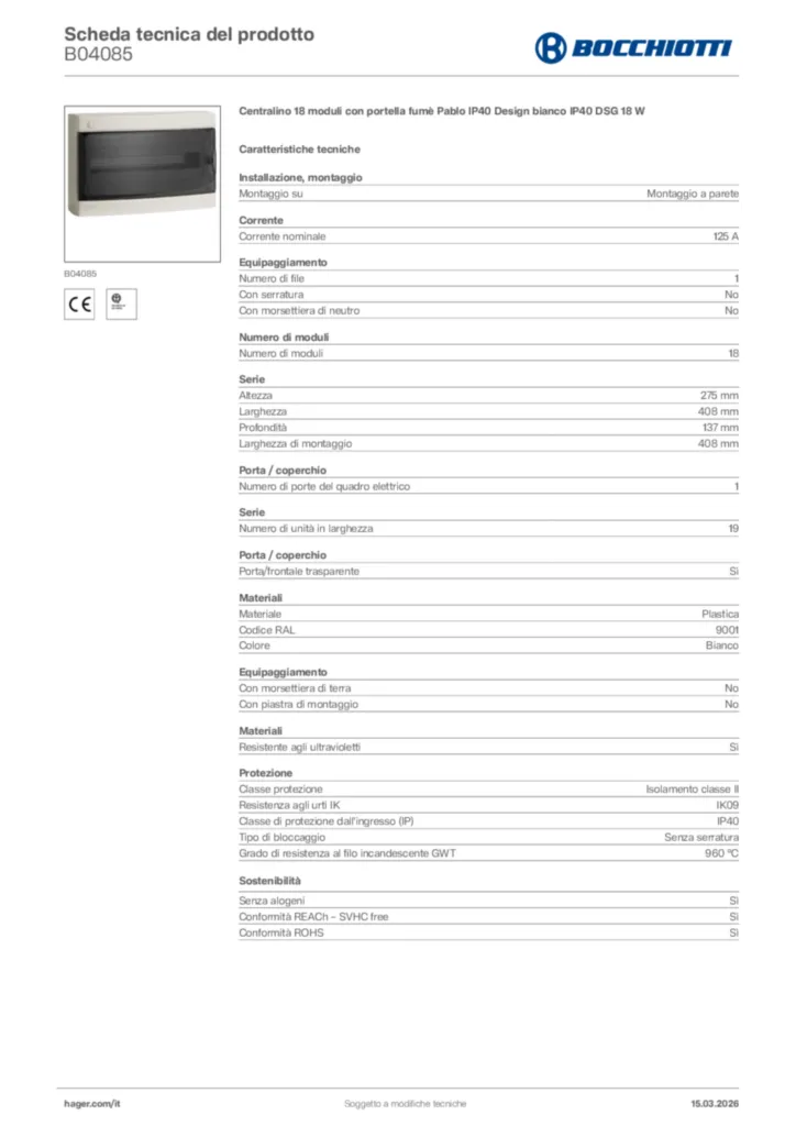 Immagine Bocchiotti Scheda tecnica del prodotto B04085 | Hager Italia