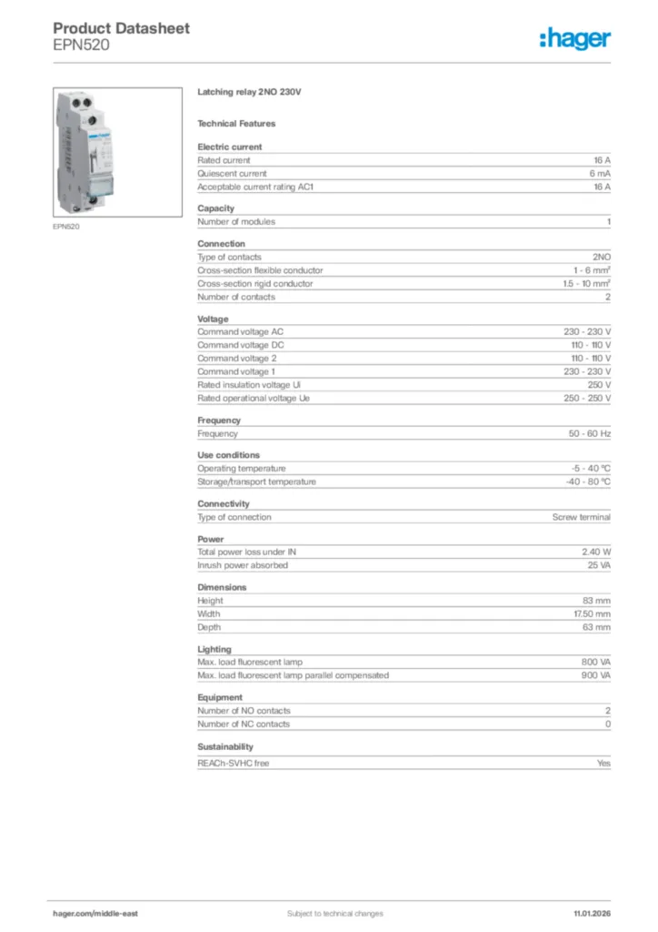Image Hager Product data sheet EPN520  | Hager