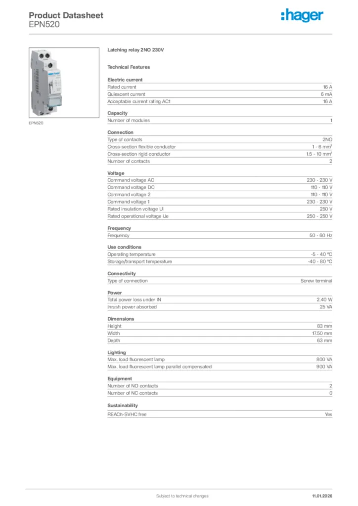 Image Hager Product data sheet EPN520  | Hager