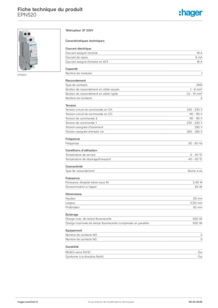 Image Hager Fiche technique du produit EPN520 | Hager Afrique