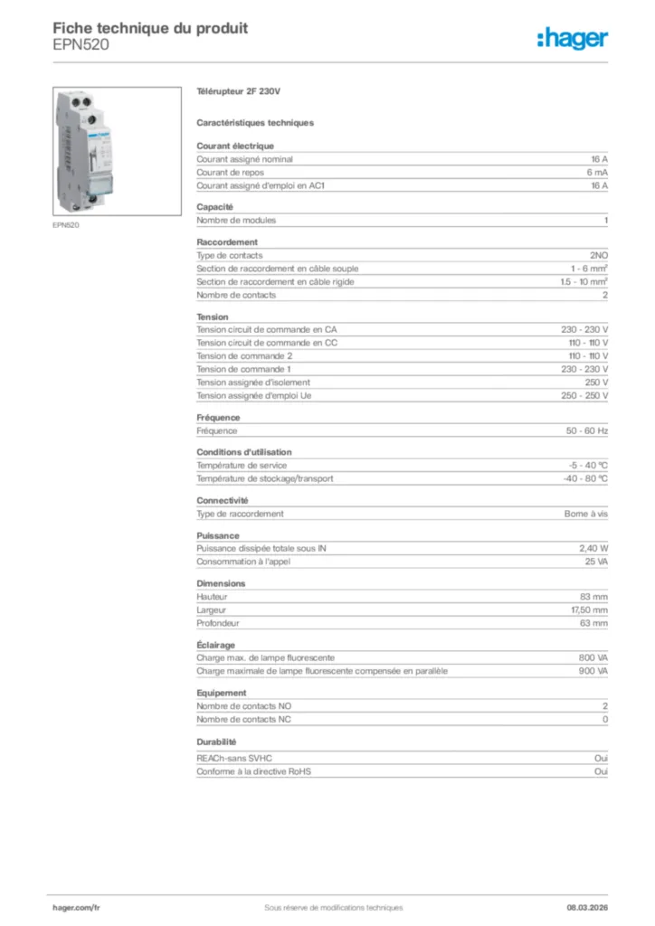 Image Hager Fiche technique du produit EPN520 | Hager France
