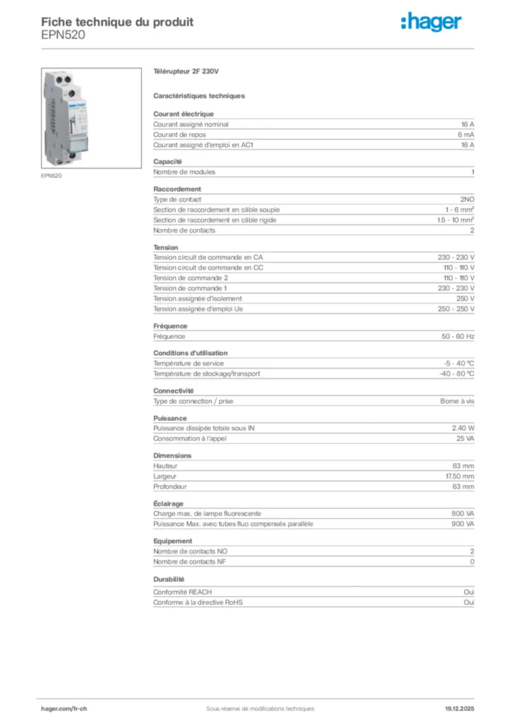 Image Hager Fiche technique du produit EPN520 | Hager Suisse
