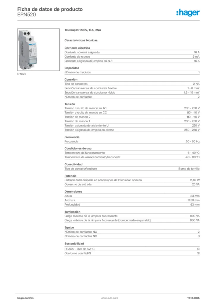 Imagen Hager Ficha de datos de producto EPN520 | Hager España