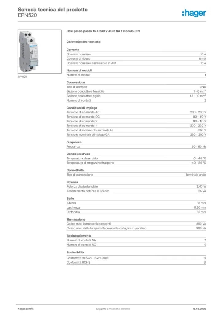 Immagine Hager Scheda tecnica del prodotto EPN520 | Hager Italia