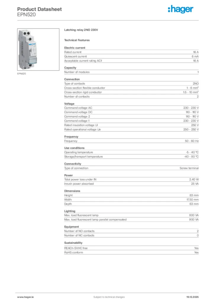 Image Hager Product data sheet EPN520  | Hager