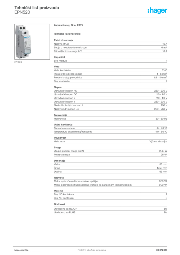 Slika Hager Product data sheet EPN520  | Hager
