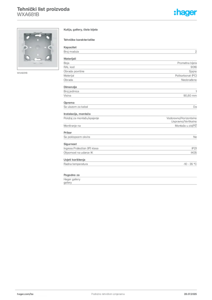 Slika Hager Product data sheet WXA681B  | Hager