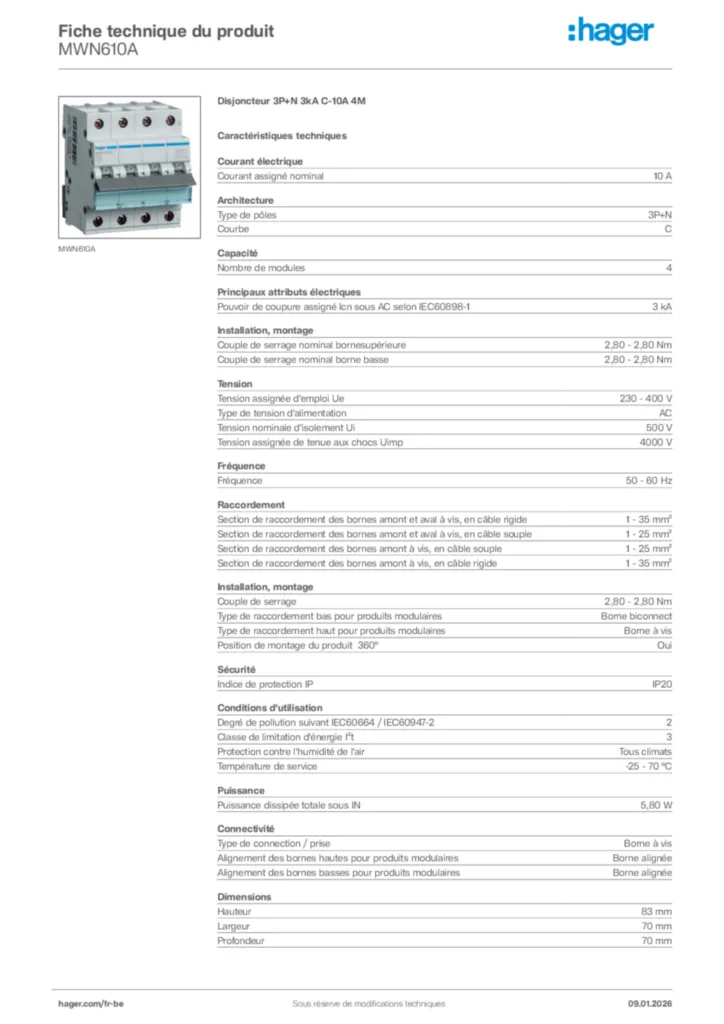 Image Hager Fiche technique du produit MWN610A | Hager Belgique