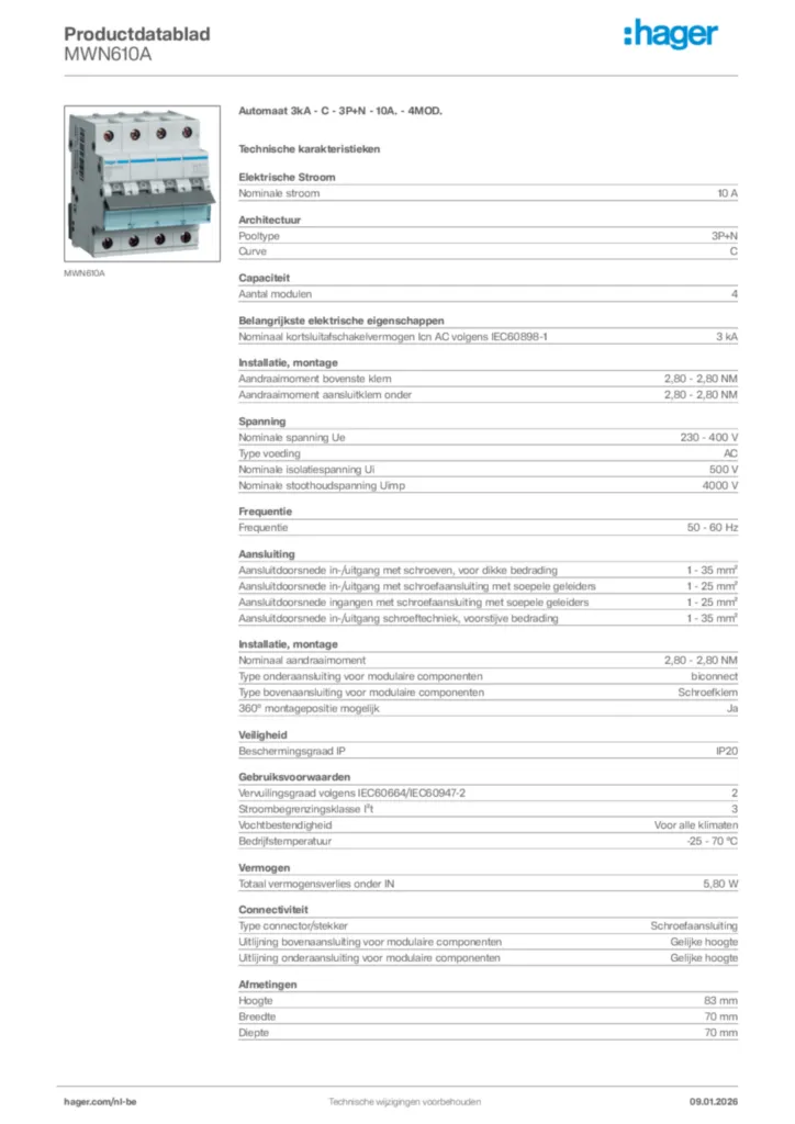 Afbeelding Hager Productdatablad MWN610A | Hager Belgium