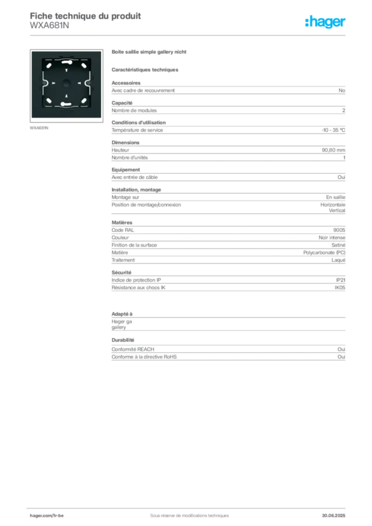 Image Hager Fiche technique du produit WXA681N | Hager Belgique
