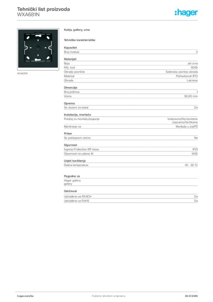 Slika Hager Product data sheet WXA681N  | Hager