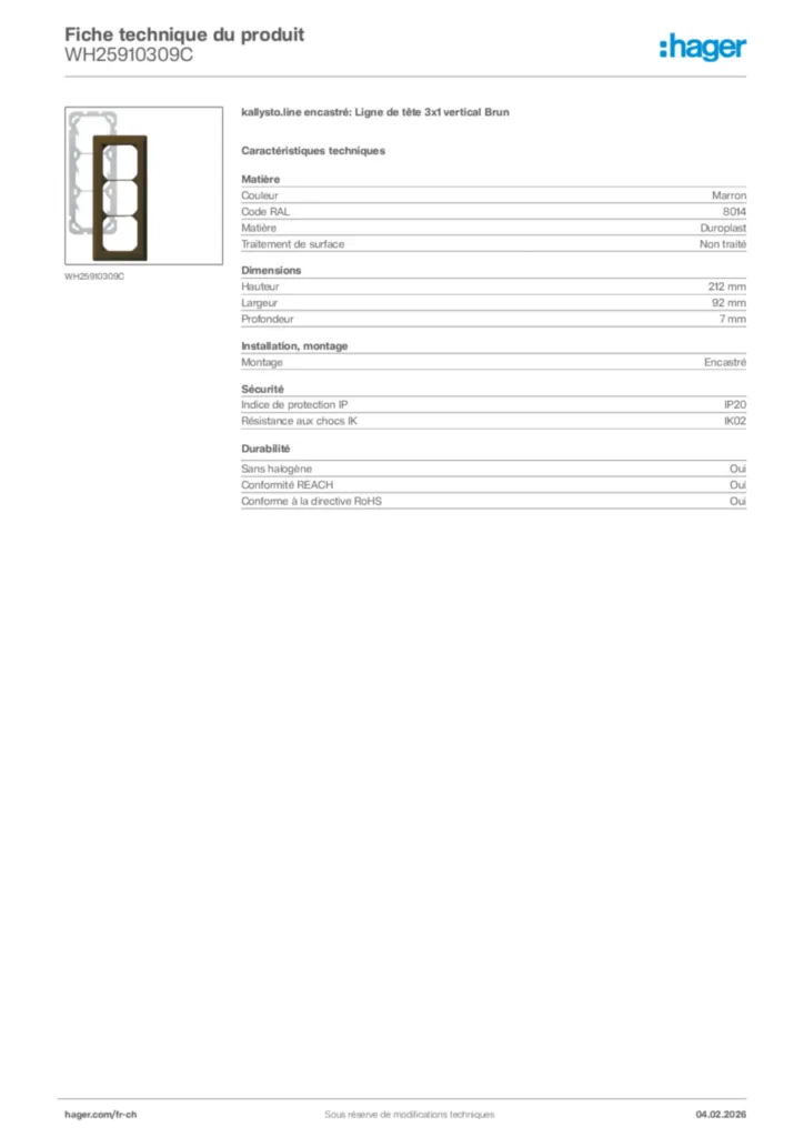 Image Hager Fiche technique du produit WH25910309C | Hager Suisse