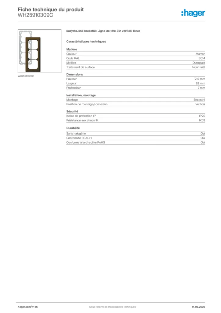 Image Hager Fiche technique du produit WH25910309C | Hager Suisse