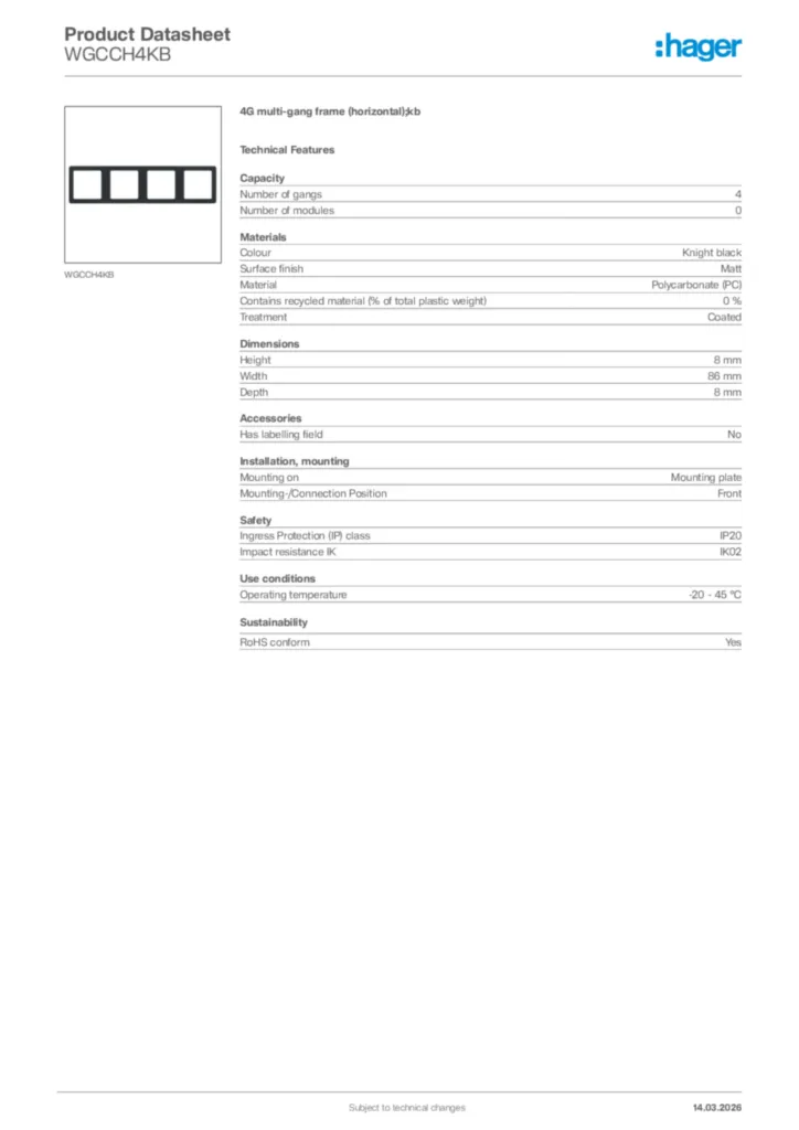 Image Hager Product data sheet WGCCH4KB  | Hager