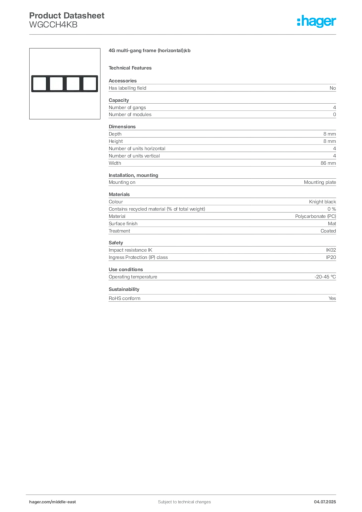 Image Hager Product data sheet WGCCH4KB  | Hager