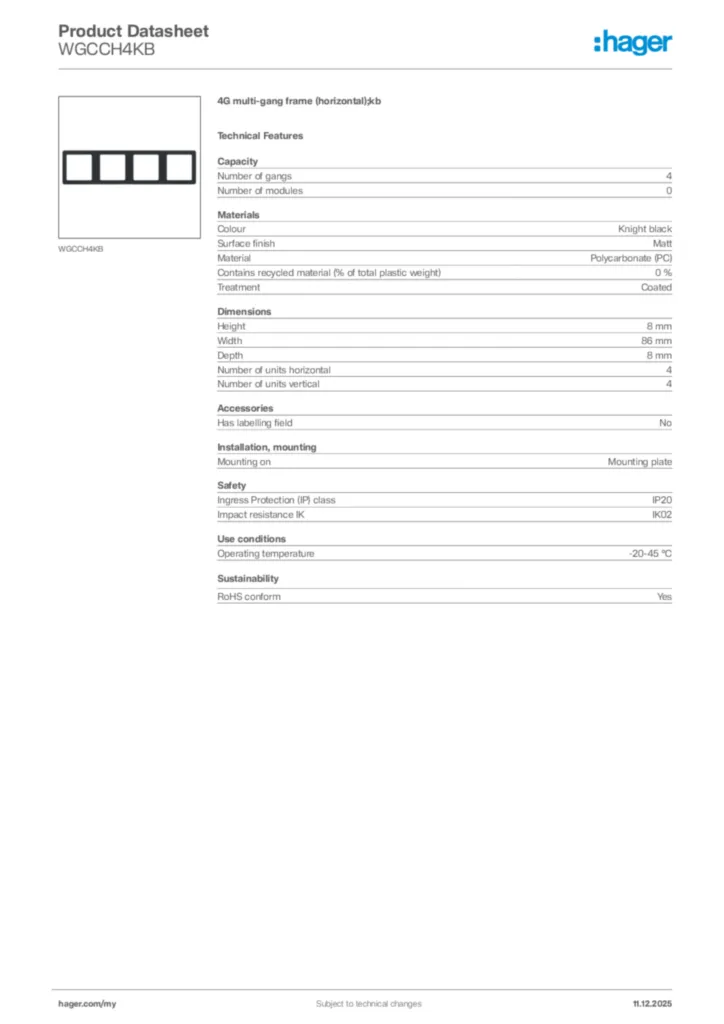 Image Hager Product data sheet WGCCH4KB  | Hager