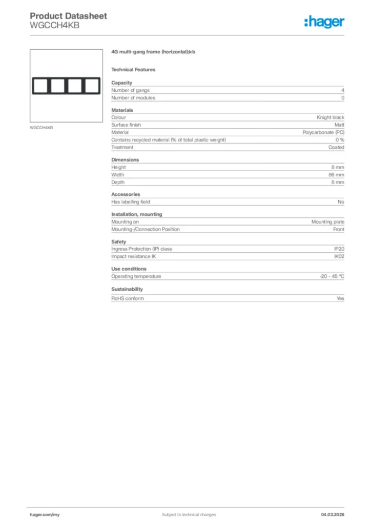 Image Hager Product data sheet WGCCH4KB  | Hager