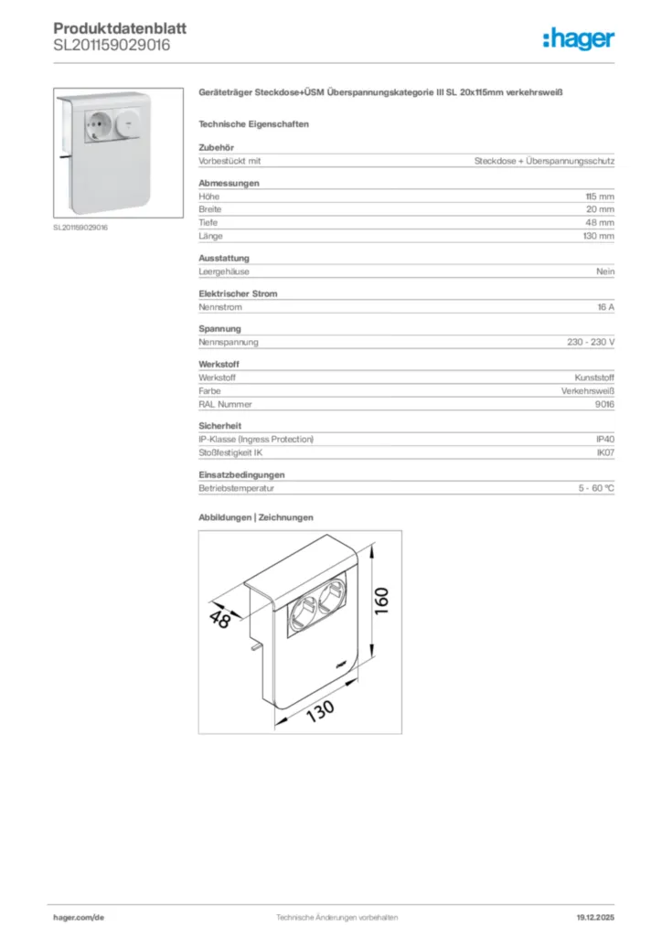 Bild Hager Produktdatenblatt SL201159029016 | Hager Deutschland