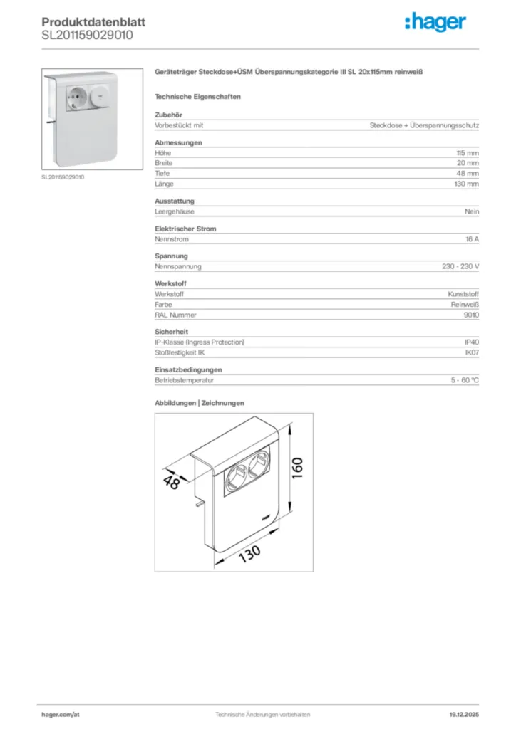Bild Hager Produktdatenblatt SL201159029010 | Hager Deutschland