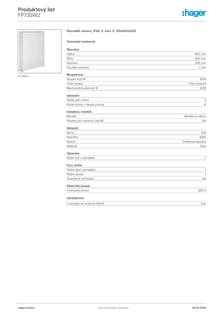 Obrázek Hager Product data sheet FP73SW2 | Hager