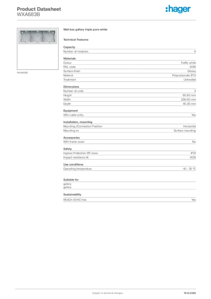 Image Hager Product data sheet WXA683B  | Hager Africa