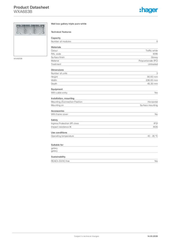 Image Hager Product data sheet WXA683B  | Hager Africa