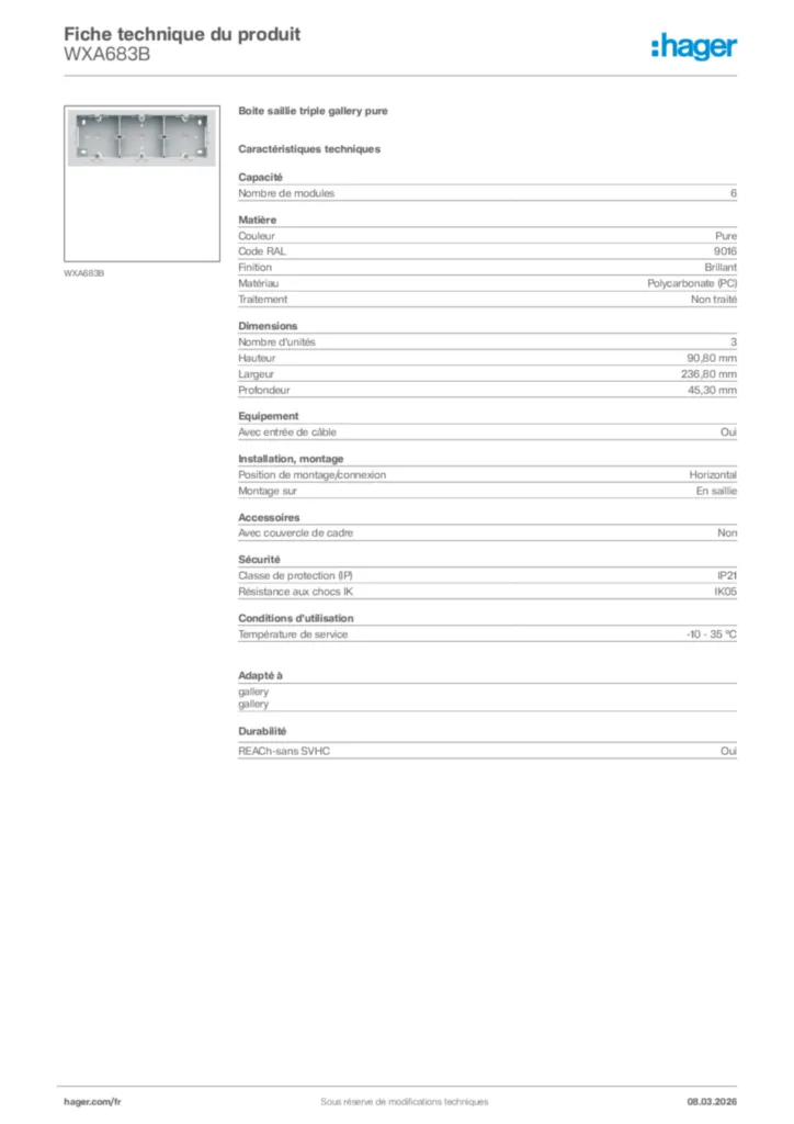 Image Hager Fiche technique du produit WXA683B | Hager France