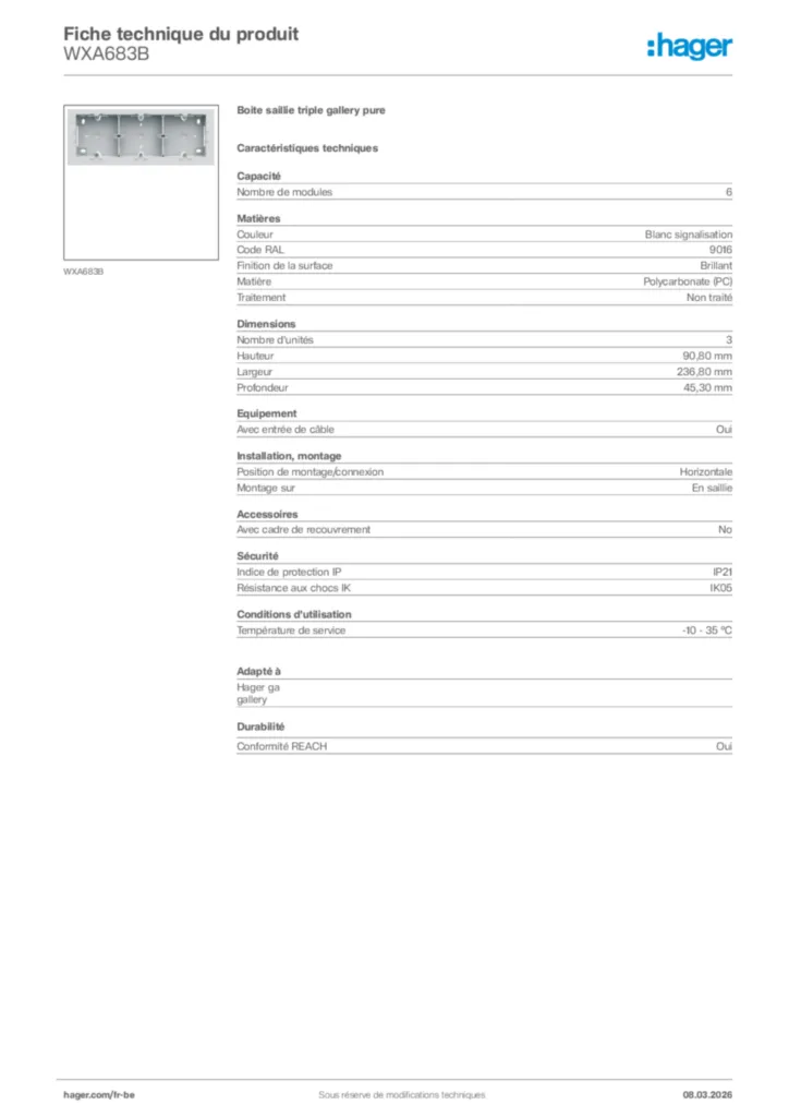 Image Hager Fiche technique du produit WXA683B | Hager Belgique