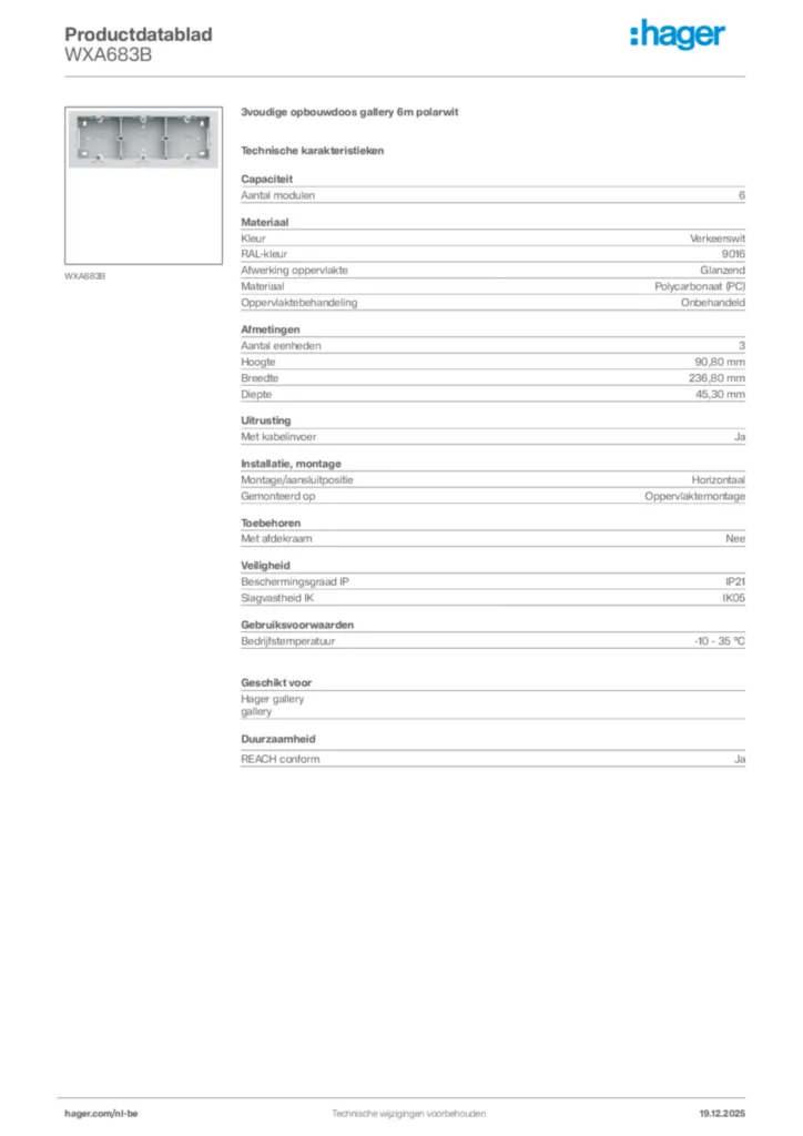 Afbeelding Hager Productdatablad WXA683B | Hager Belgium